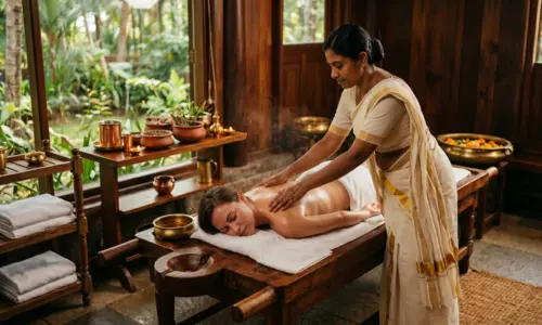 Authentic Ayurvedic oil massage treatment at a traditional wellness center in Kovalam