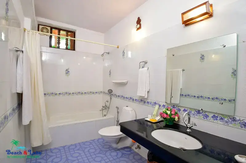 Modern attached bathroom interior with contemporary fixtures and a large mirror at Beach and Lake Ayurvedic Resort.