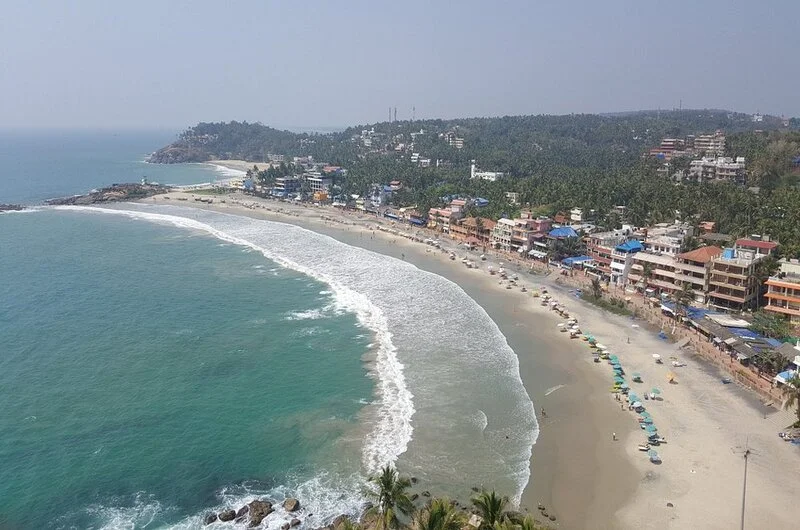 Panoramic high angle view of Kovalam beach coastline from Orion Seaview Beach Resort