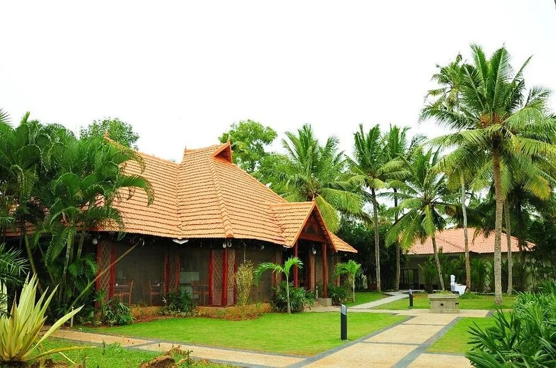 Traditional eco friendly land cottages surrounded by coconut trees at Poovar Island Resort