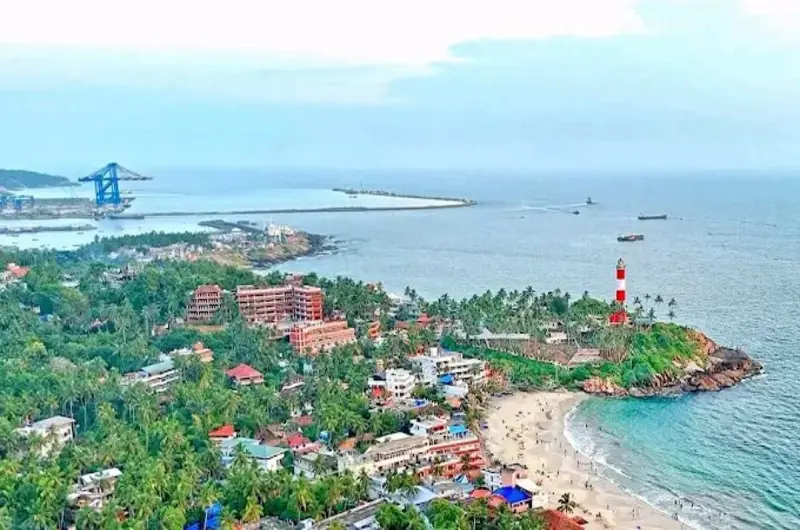 Aerial view of Kovalam beach coastline near Sagara Beach Resort Kerala