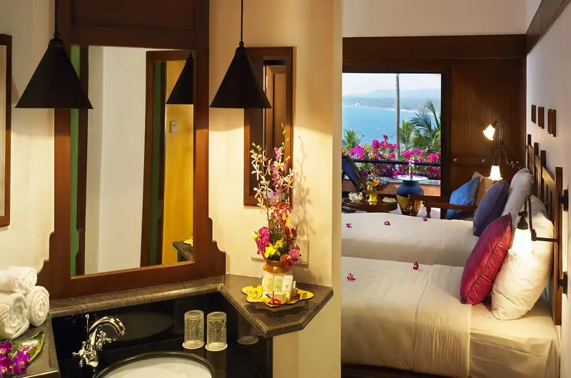 Modern luxury ensuite bathroom and dressing area at The Leela Kovalam Beach Resort