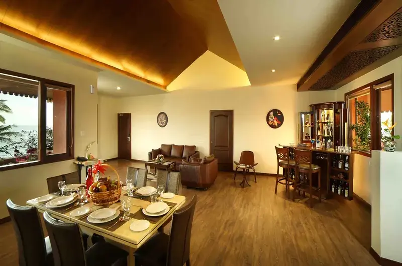 Spacious luxury banquet hall and buffet dining lounge inside Uday Samudra Leisure Beach Hotel.
