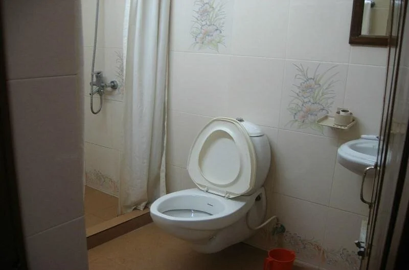 Clean modern attached bathroom interior featuring a white toilet and simple fittings at Hotel Thushara Kovalam.
