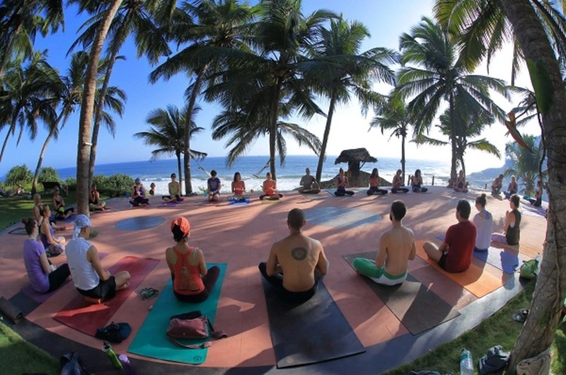 Outdoor group yoga and meditation session under the palm trees at Soma Manaltheeram Ayurvedic Hospital & Research Centre