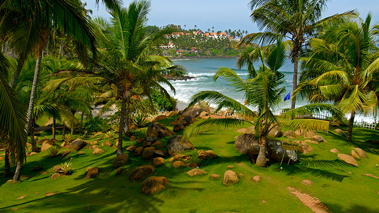 Scenic ocean view from the beachfront garden lawn at KTDC Samudra Resort