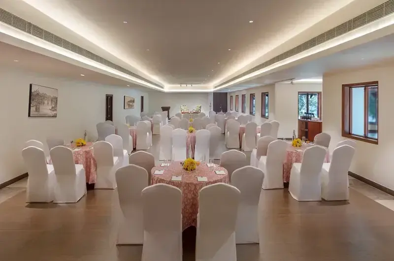 Indoor conference hall and banquet dining setup for events at Estuary Island Resort