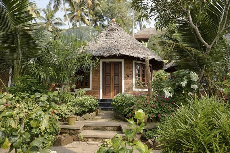 Traditional Kerala wooden cottage surrounded by tropical palm trees at Somatheeram Ayurvedic Health Resort