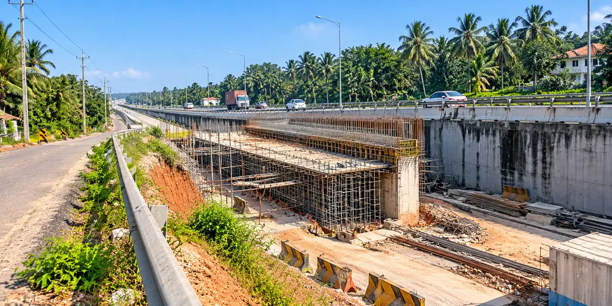 Unfinished service road and flyover construction on Kazhakkoottam Karode highway bypass near Kovalam