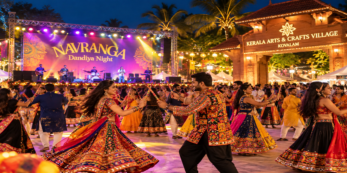 Festive crowd dancing at Navranga Dandiya Night in Kerala Arts and Crafts Village Kovalam
