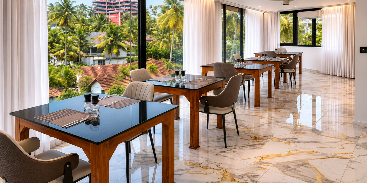 Modern wooden dining tables and chairs inside the brightly lit Hotel Materhorn restaurant in Kovalam