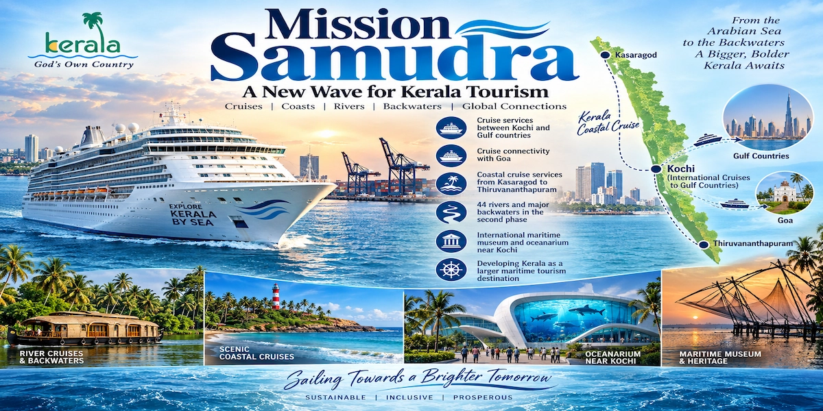 Mission Samudra infographic detailing Kerala coastal cruise routes and water tourism expansion plan