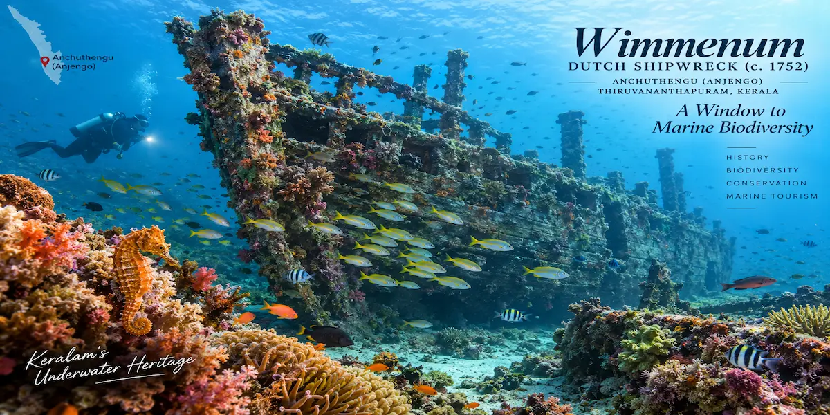 Underwater view of the historic Dutch shipwreck Wimmenum off Anchuthengu surrounded by colorful coral reefs and marine life