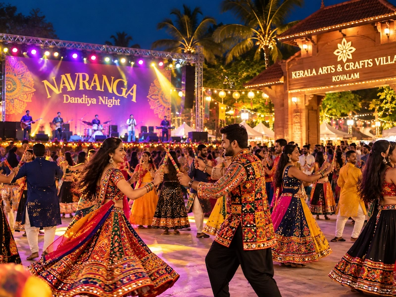 Nighttime Garba and Dandiya celebration event setup at Vellar Kovalam venue