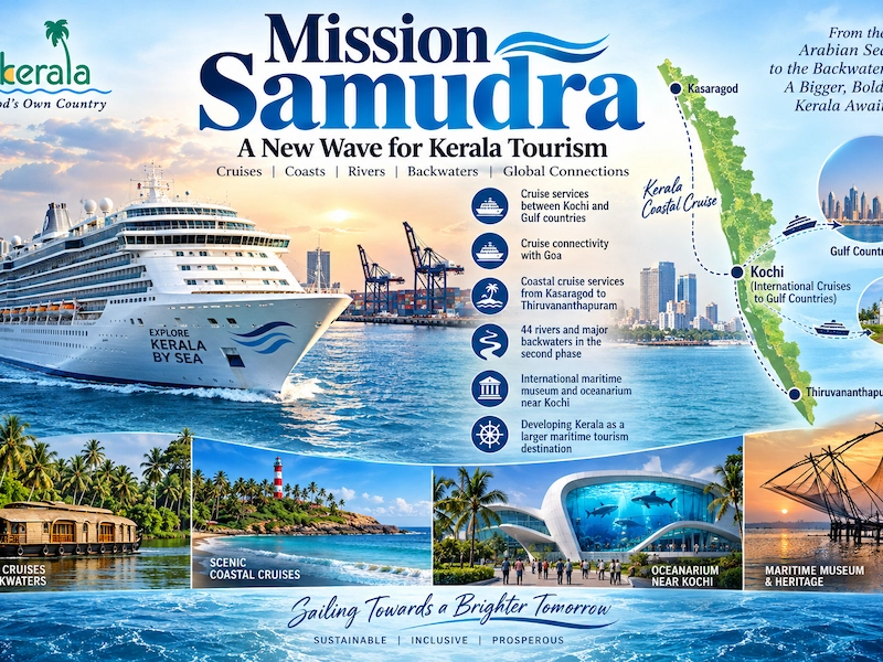 Mission Samudra promotional graphic highlighting Kerala maritime cruise lines and backwater destinations
