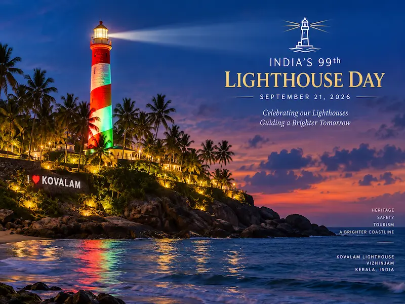 Kovalam Lighthouse at Vizhinjam illuminated for India’s 99th Lighthouse Day celebrations.