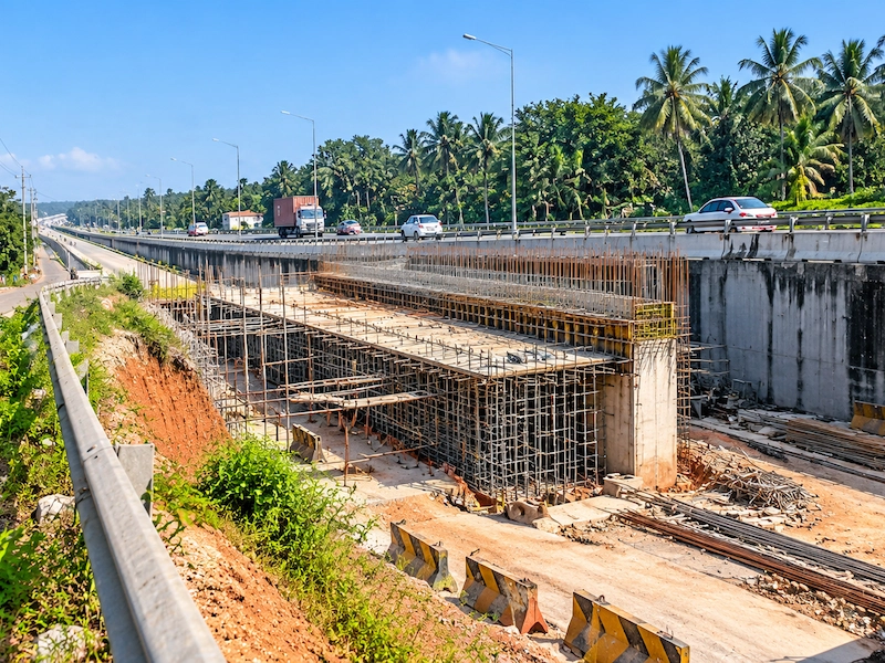 Elevated highway section with incomplete service roads surrounded by coconut trees in Thiruvananthapuram