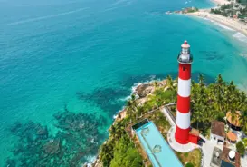 Vizhinjam Lighthouse and coastline at Lighthouse Beach Kovalam.