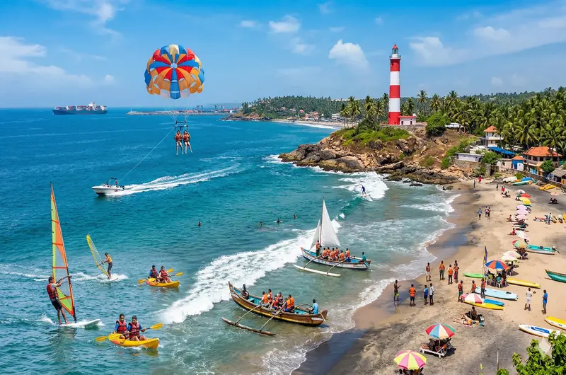 A colorful parasailer flying over a scenic sandy coastline with the red and white striped lighthouse in Kovalam Kerala
