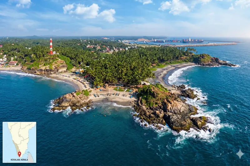 Aerial panoramic view of the rocky outcroppings and crescent sandy beaches of Kovalam