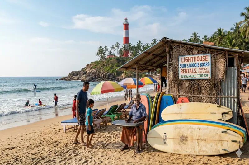 Surfboards and boogie boards lined up at a local beach rental shack with the iconic red and white lighthouse in Kovalam Kerala