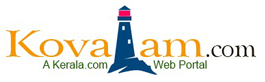Official brand logo for Kovalam.com a Kerala travel portal featuring a blue lighthouse graphic